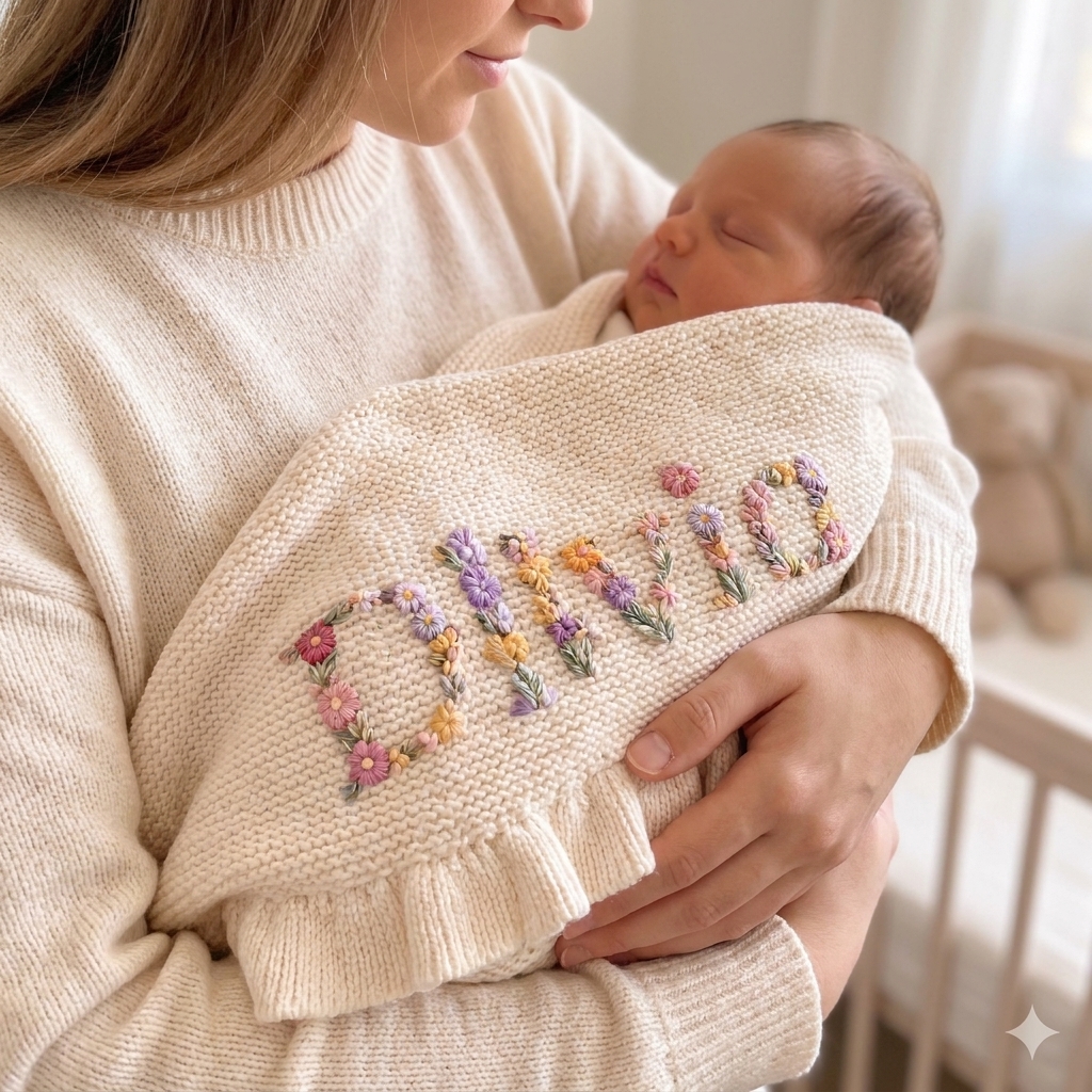 Custom Floral Baby Name Blanket - Personalized Cotton Baby Swaddle