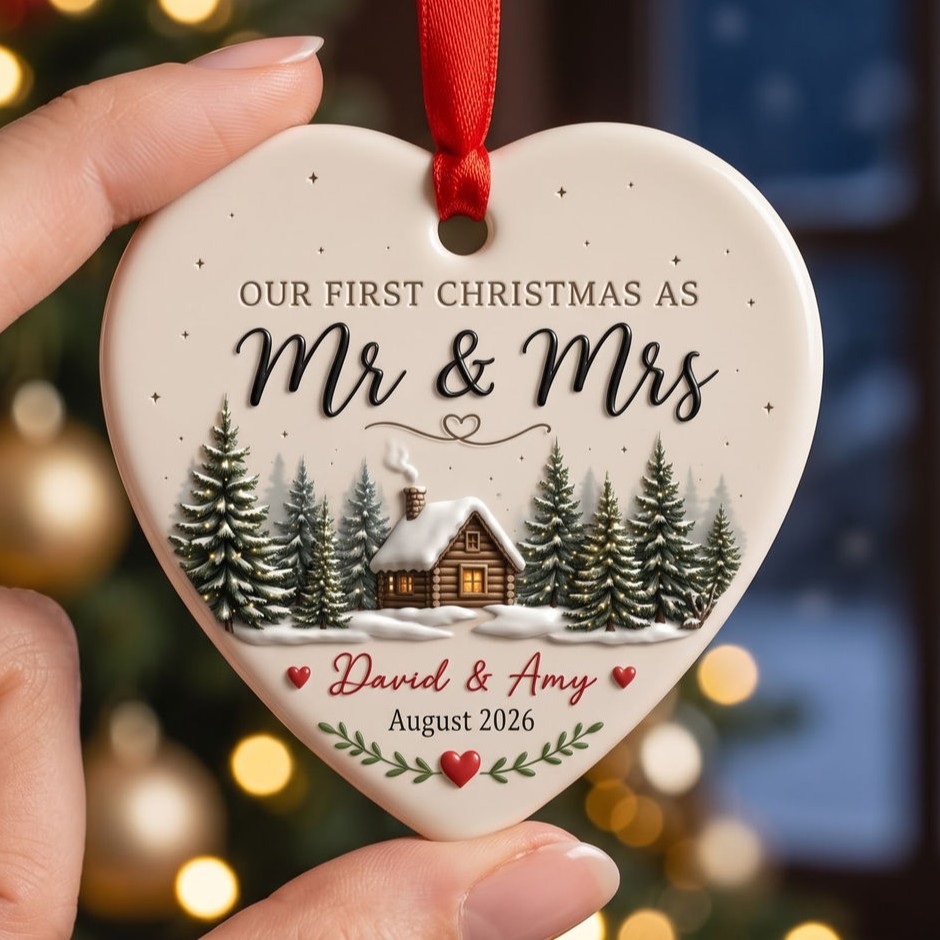 Our First Christmas Snowy Cabin 3D Ceramic Heart Ornament