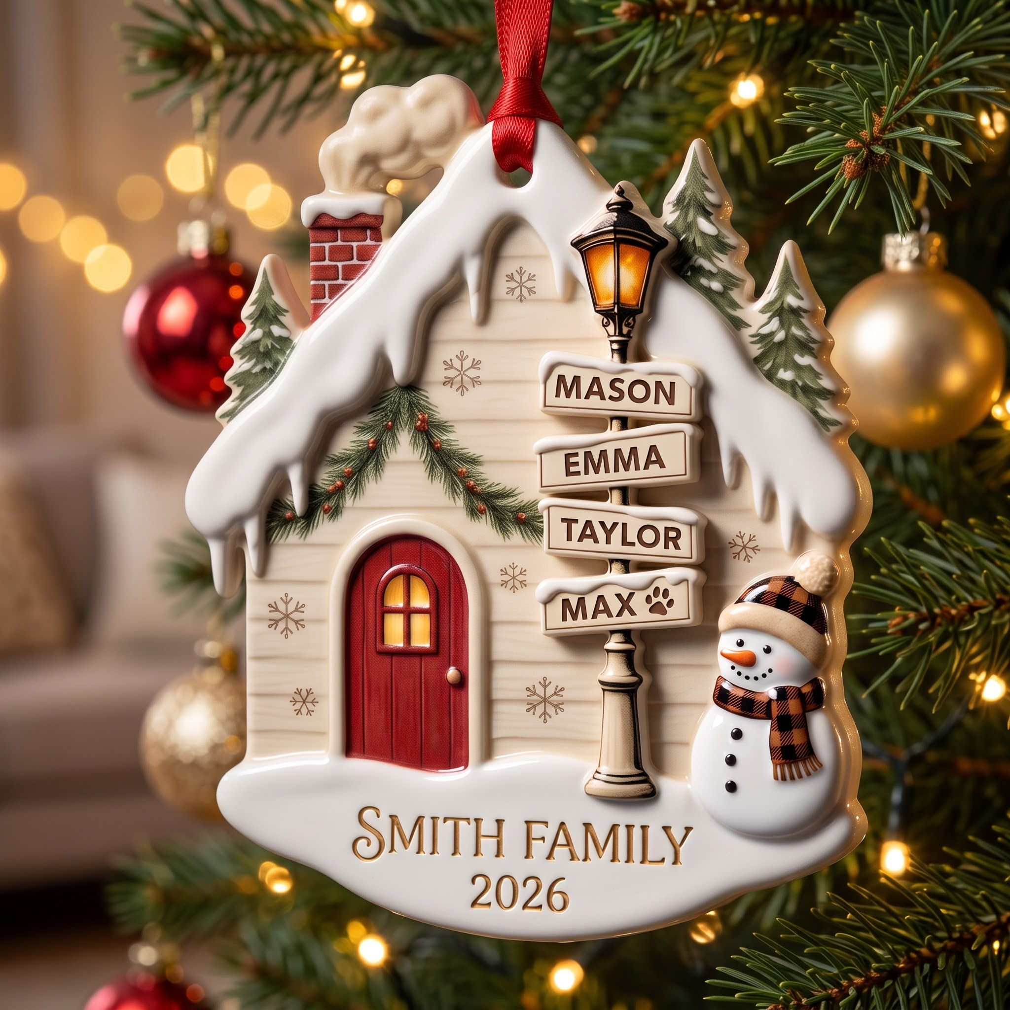 Family Name Street Sign Snowy House Ornament