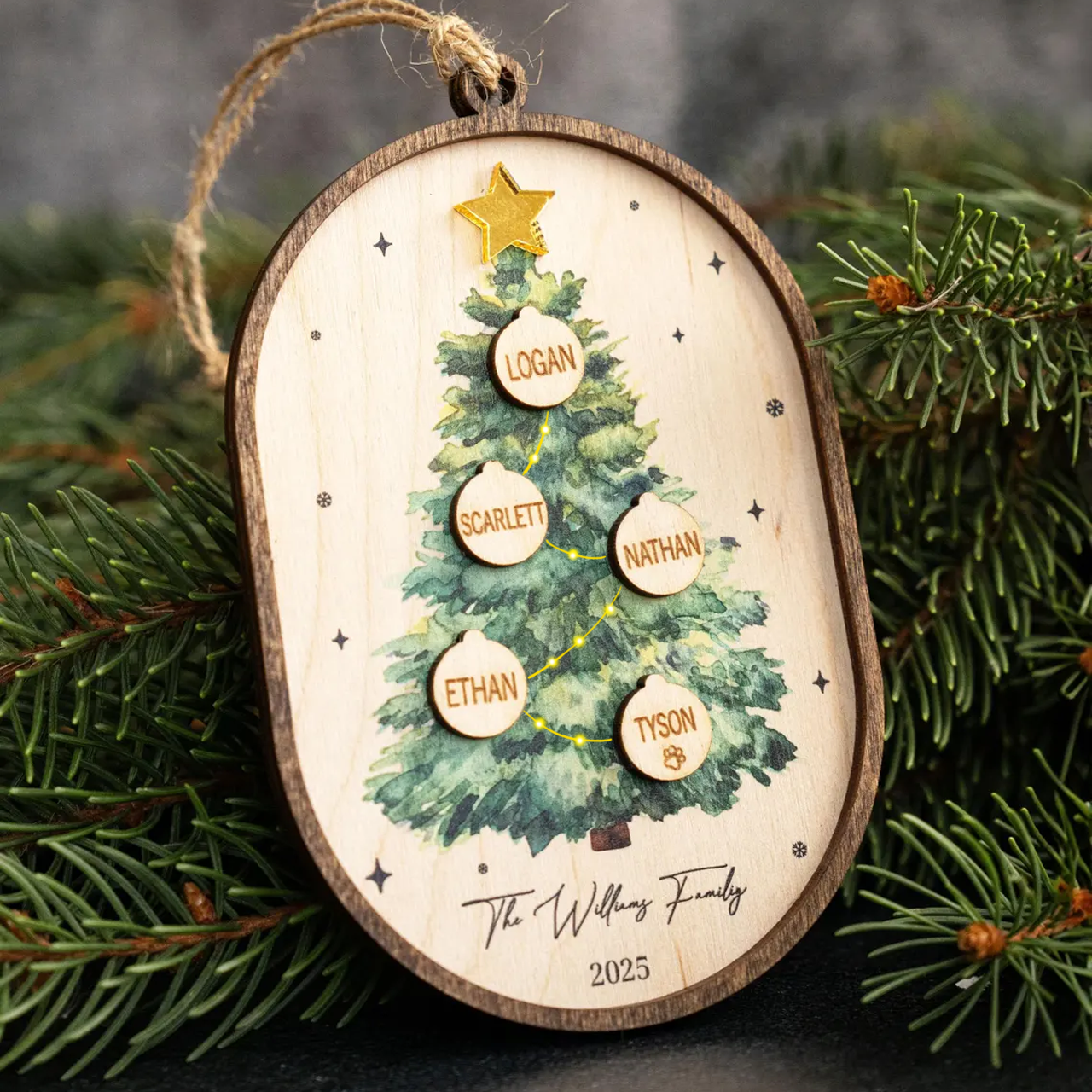 Family Name Two Layer Wooden Ornament, Up to 12 People