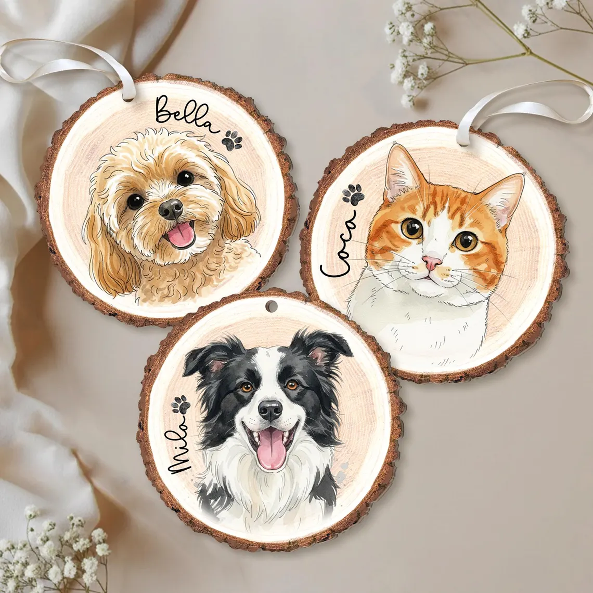 Watercolor Pet Portrait Wooden Ornament
