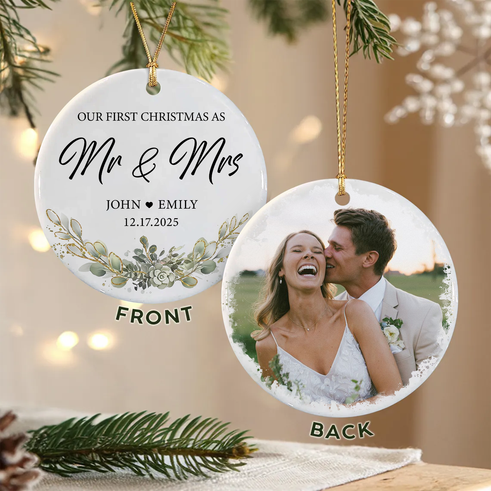 Our First Christmas as Mr & Mrs Photo Ornament, Double Sided