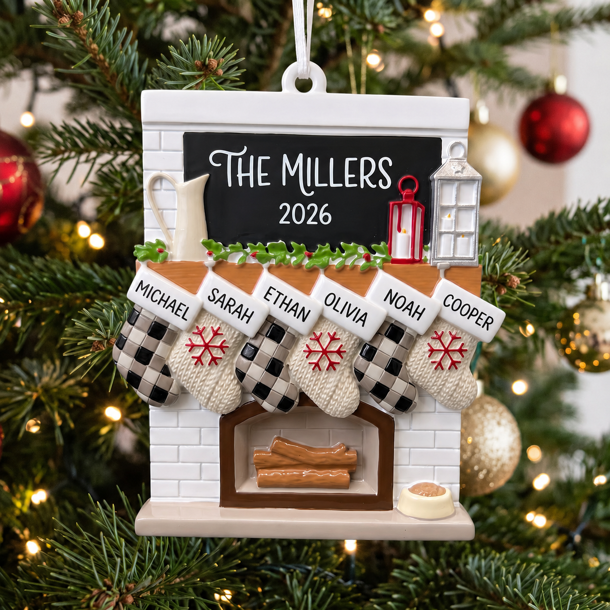 Family and Pet Fireplace Stocking Ornament