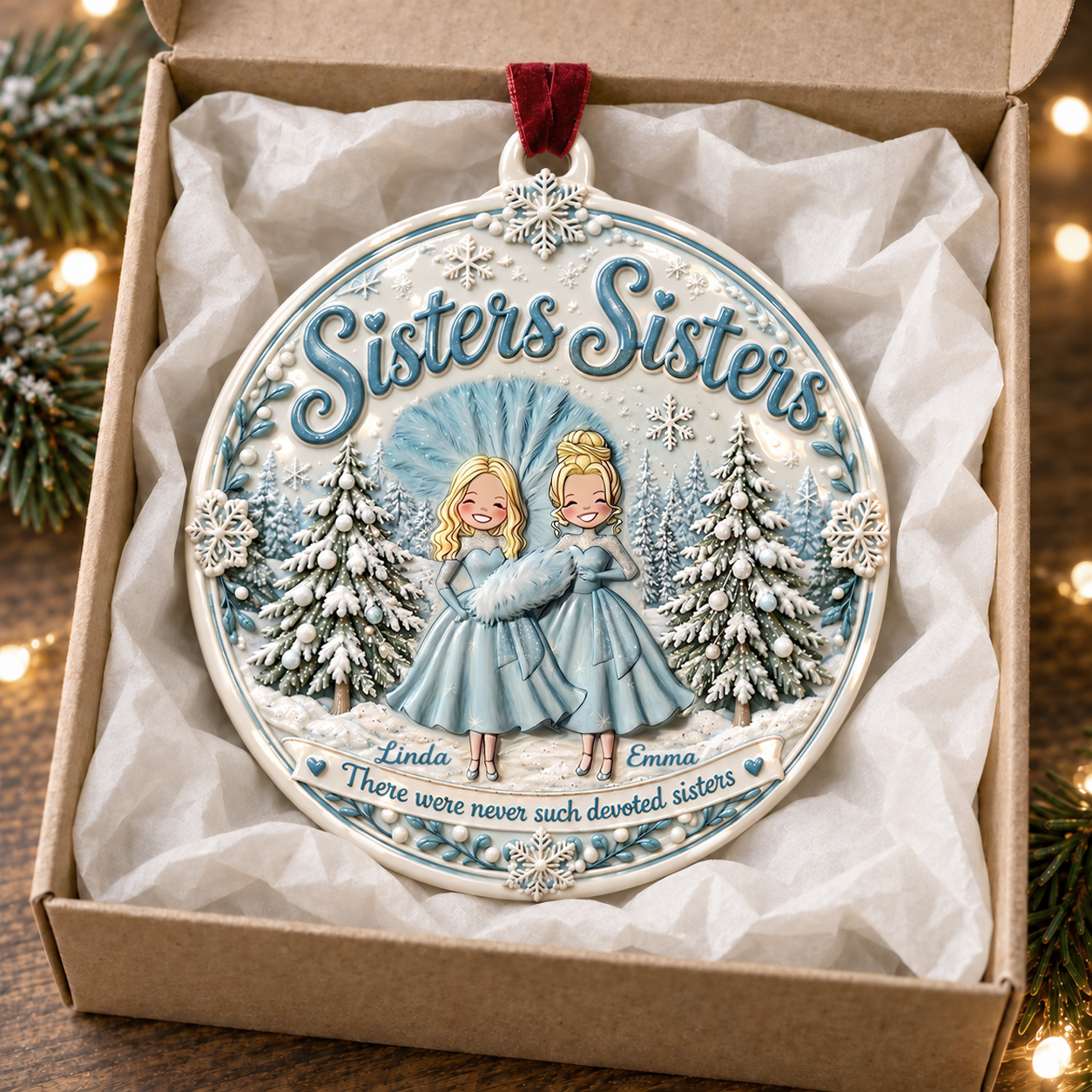 Snowy Sisters 3D Relief Ceramic Ornament