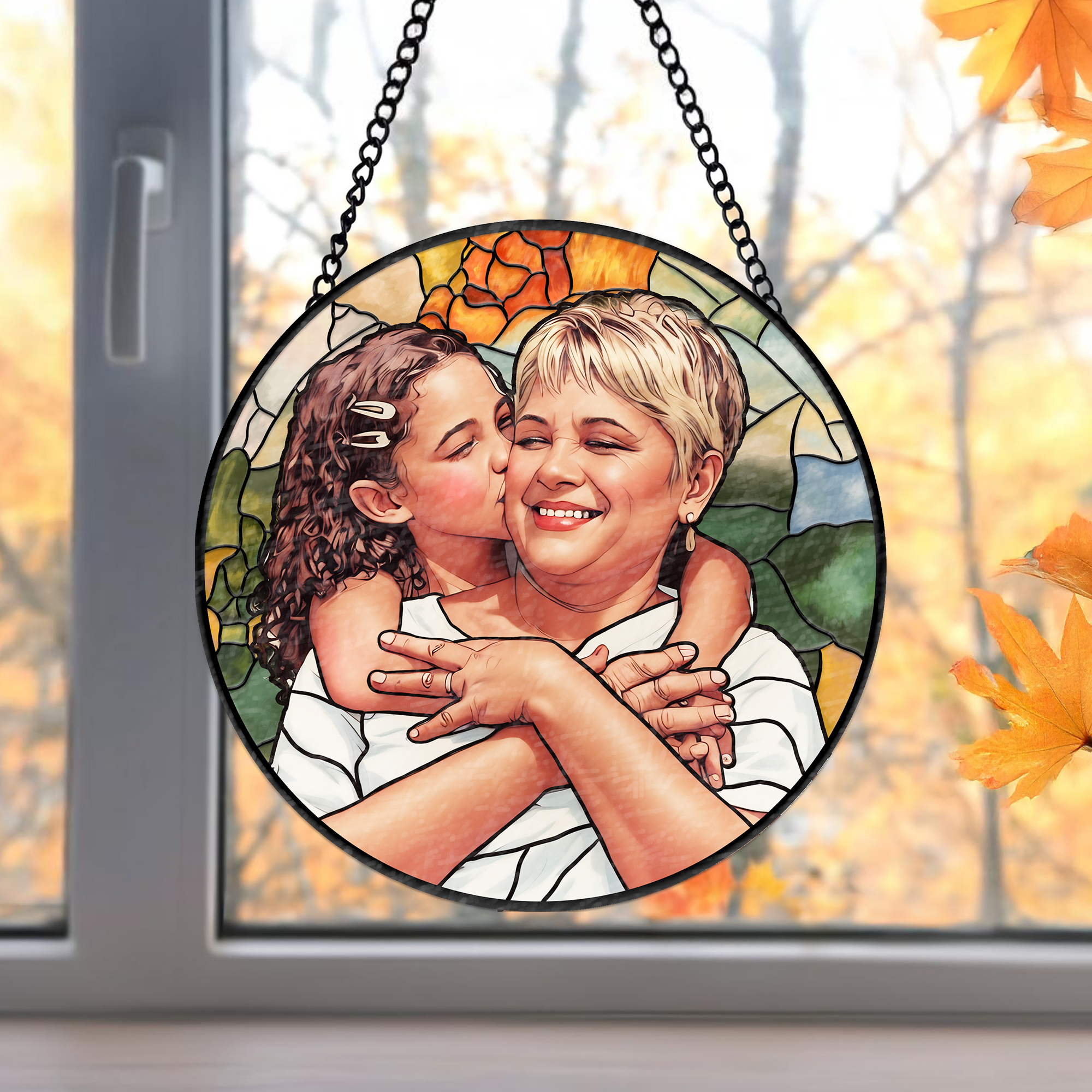 Grandma and Grandchild Stained Glass Photo Suncatcher